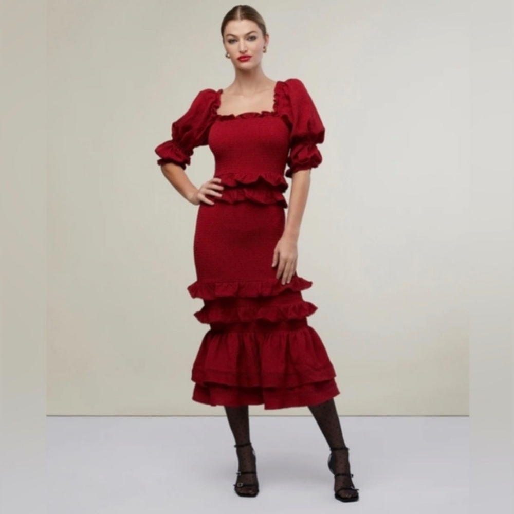 Rachel Parcell Jacquard Smocked Red Midi Dress Size Small New
